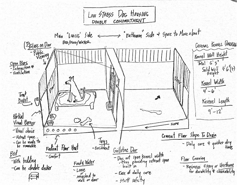 Low-stress dog housing sketch by Dr. Wagner